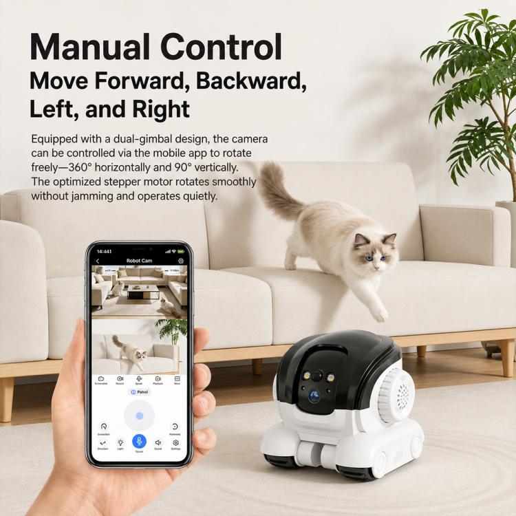 Pet monitoring robot camera with dual lenses and front speaker grille, viewed with phone app