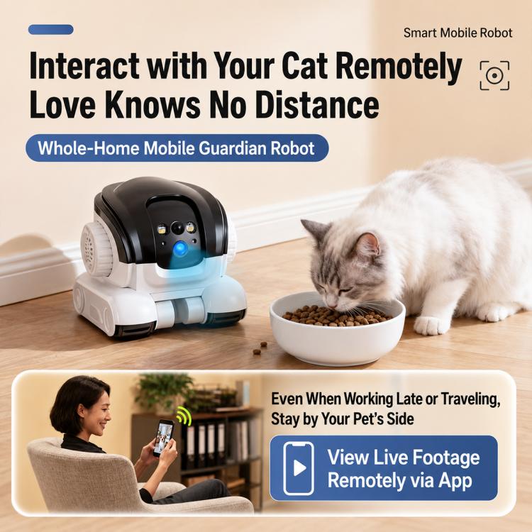 White and dark gray pet monitoring robot camera facing a cat, with blue status light