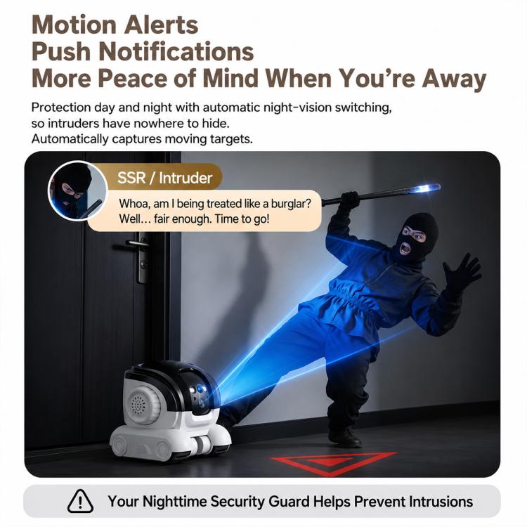 Night-vision style scene featuring pet monitoring robot camera with motion alert notification