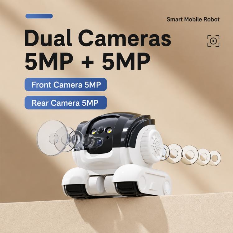 Dual-lens pet monitoring robot camera with front and rear camera view icons