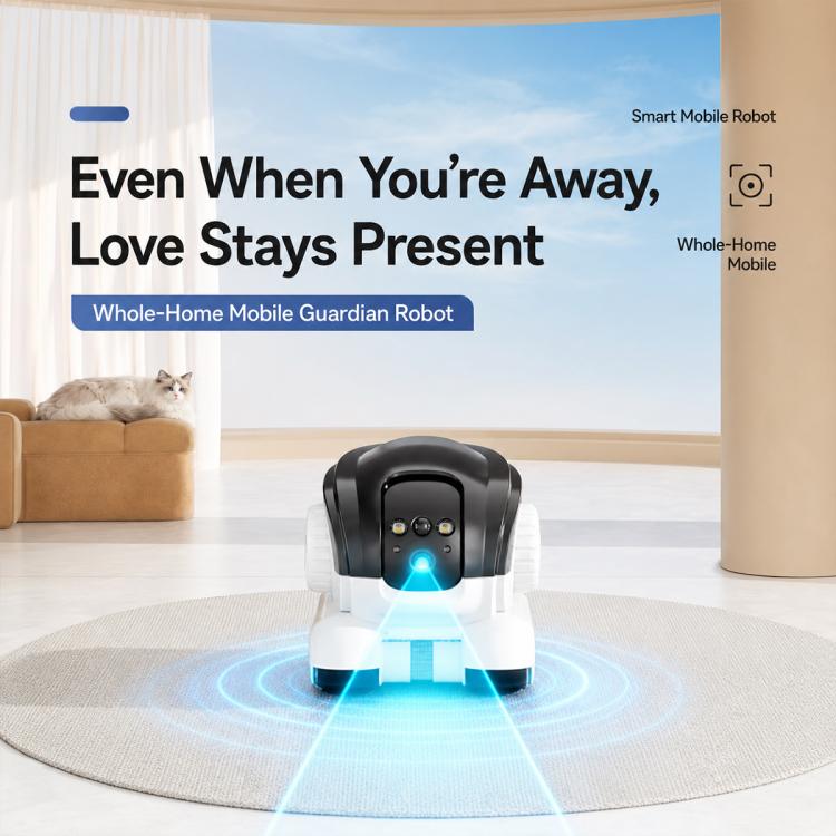 Smart pet monitoring robot camera, black and white front unit with blue indicator