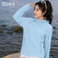 Women’s lightweight zip-front sun protection jacket in sky blue, long sleeves