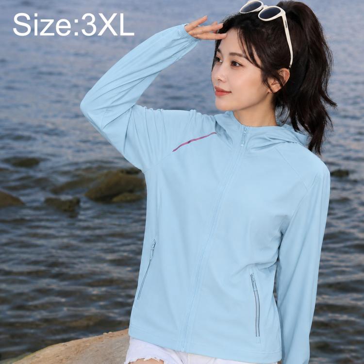 Light blue women's zip-front sun protection jacket with long sleeves and front pockets
