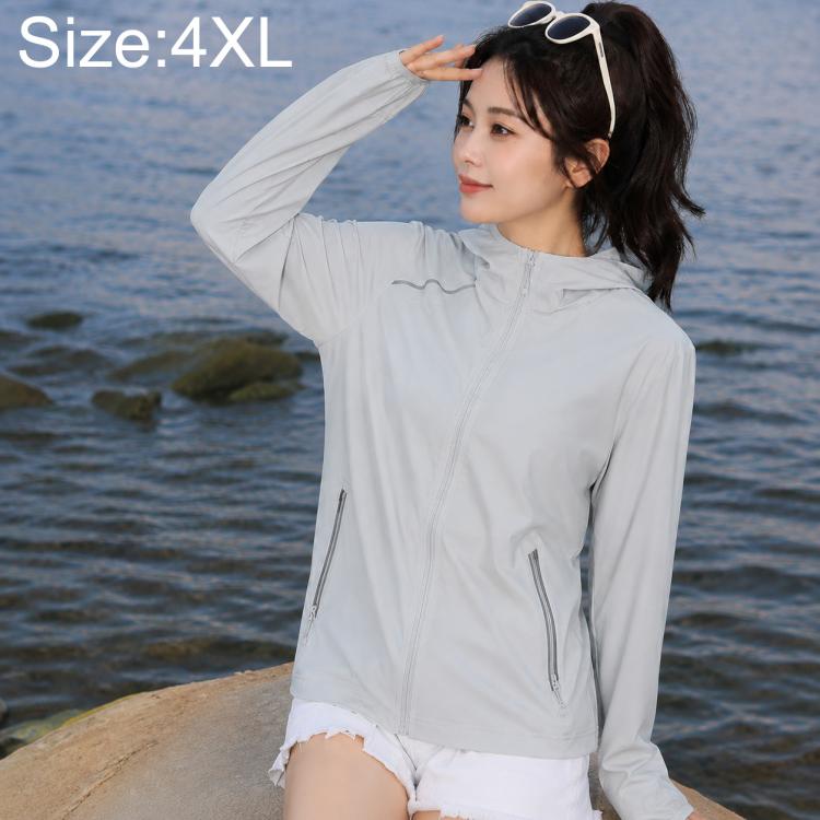 Light gray lightweight zip-up sun protection jacket with long sleeves and side zippers