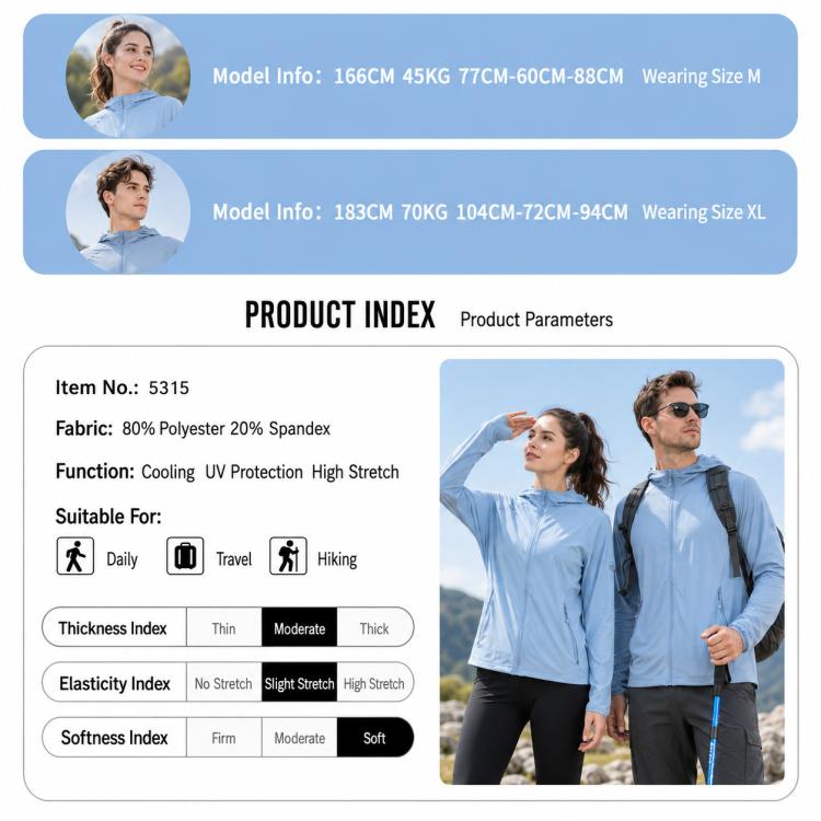 Light blue zip-up sun protection jacket shown with models on product index graphic