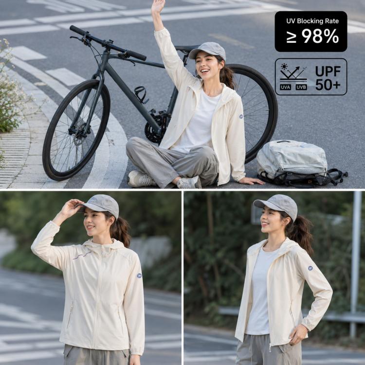 Women’s lightweight sun jacket in cream, cap-style hood, full zip