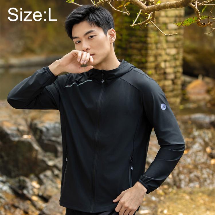 Men's UPF sun protection jacket, size L, black full-zip hooded windbreaker