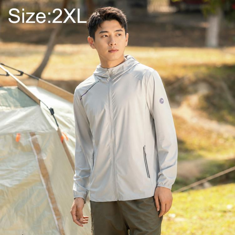 Men's lightweight sun protection coat, size 2XL, light gray, hooded full-zip jacket.