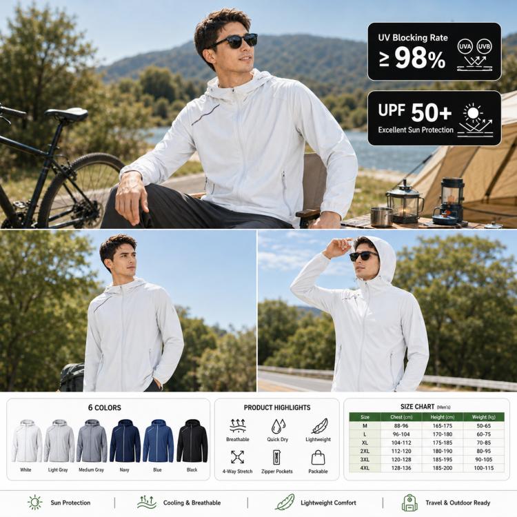 Men's lightweight sun-protection coat, white, full-zip stand collar