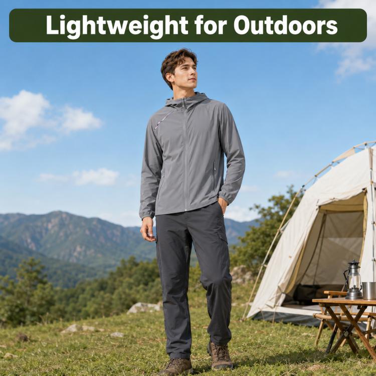 Men's lightweight sun-protection coat, dark gray, full-zip stand collar