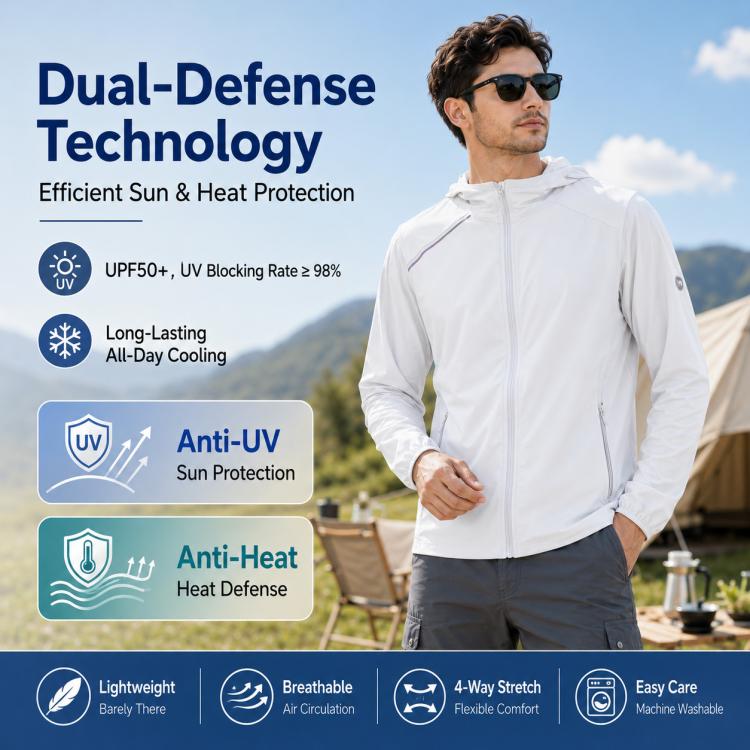 Men's sun-protection coat, white, zip-front stand collar, long sleeves