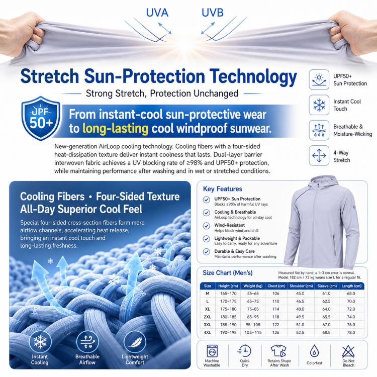 Men's sun-protection jacket cooling fabric diagram with coat outline