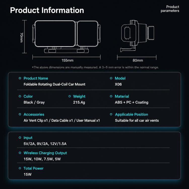X06 Foldable Screen 15W Wireless Charger Rotating Navigation Bracket, Bat Bracket, Grey Bracket + Tripod, Black Bracket + Tripod, Black Bracket + Suction Cup, Only Black Bracket, Grey Bracket + Suction Cup, Only Grey Bracket
