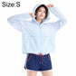 Light blue lightweight sun-protection coat with hood and zip front.