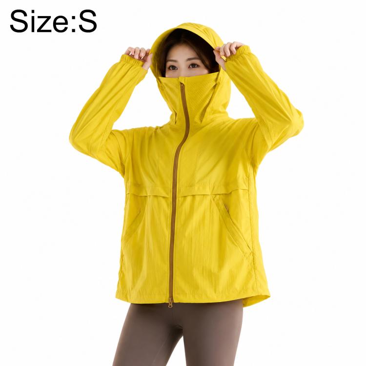 Yellow lightweight sun-protection coat with hood and zip front.