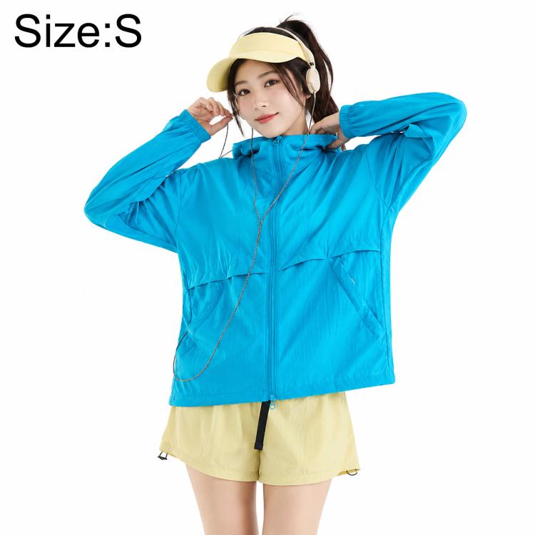 Turquoise lightweight sun-protection coat with hood and zip front.