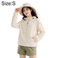 Cream lightweight sun-protection coat with hood and zip front.