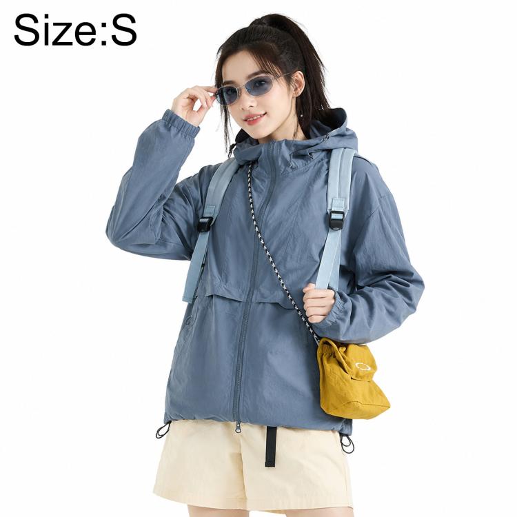 Dusty blue lightweight sun protection coat with hood, zipper front, and flap pockets.