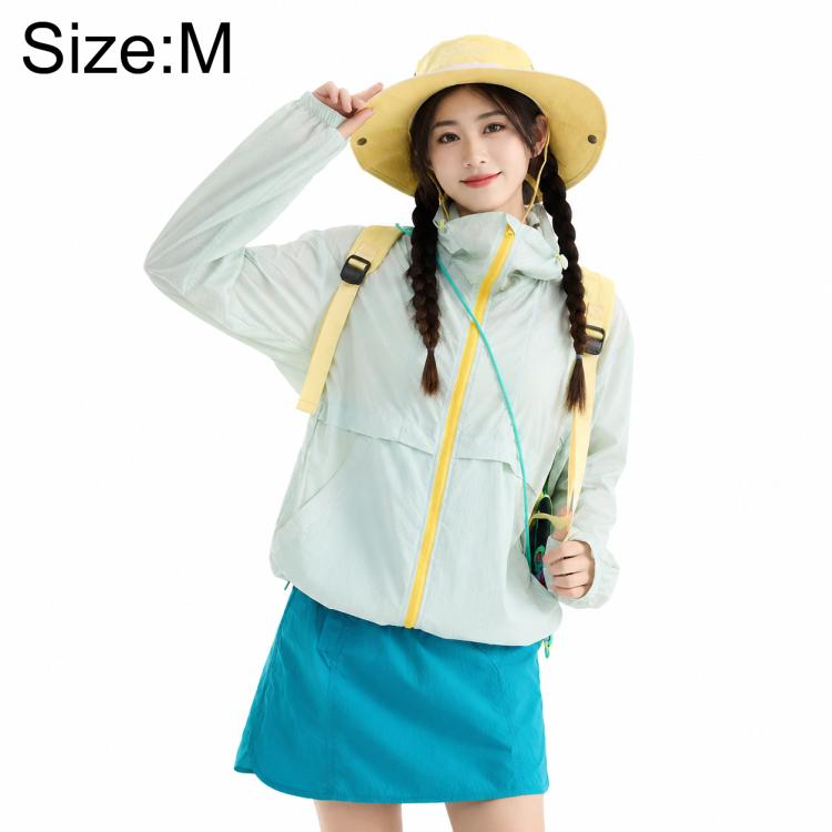 Mint green lightweight sun protection coat with hood and zip-front design.