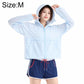 Light blue lightweight sun protection coat with hood and front zipper.