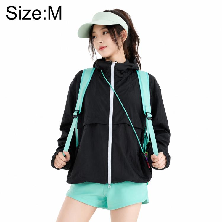 Black lightweight sun protection coat with hood and front zipper, teal trim accents.