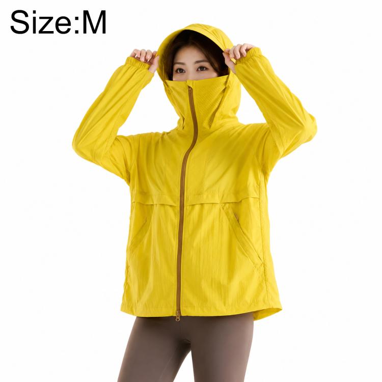 Lightweight sun protection coat with hood, yellow, front zipper and pockets