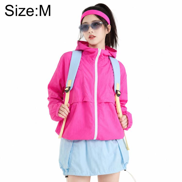Lightweight sun protection coat with hood, pink, front zipper and two chest pockets