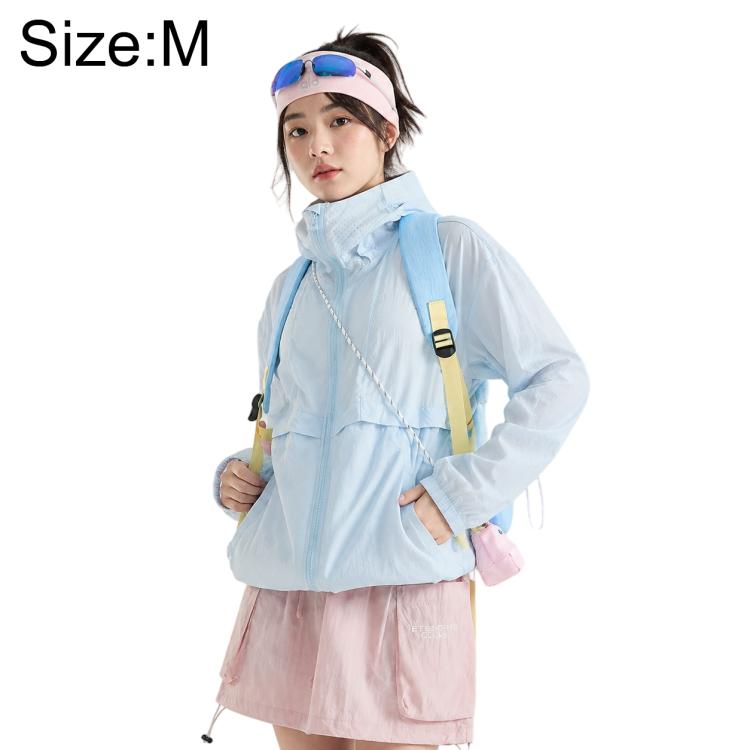 Lightweight sun protection coat with hood, light blue, front zipper and drawcord hem