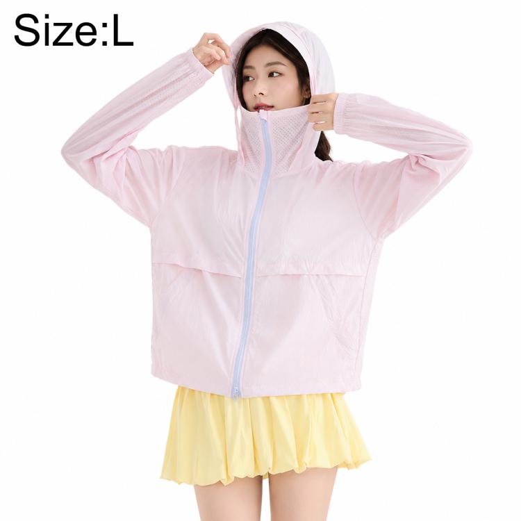 Light pink hooded sun protection coat with zip front, long sleeves, and side pockets