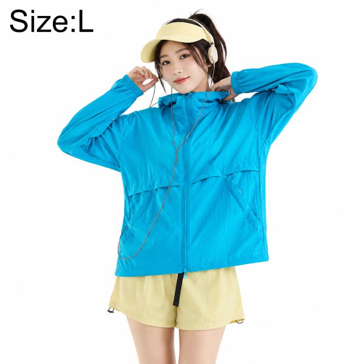 Turquoise hooded sun protection coat with zip front and long sleeves with side pockets