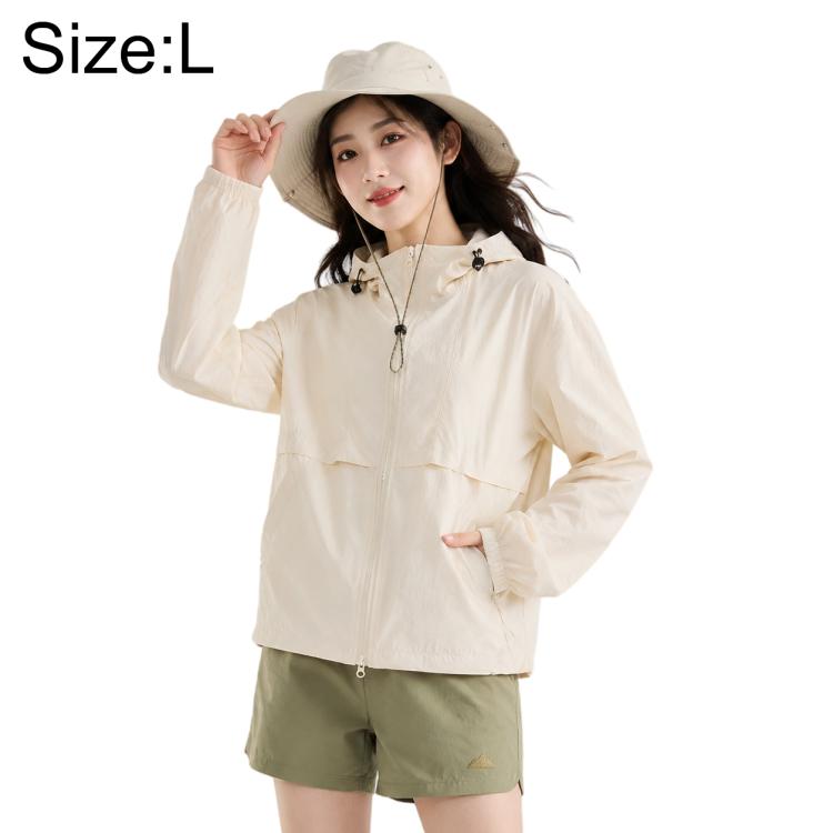 Cream hooded sun protection coat with zip front, long sleeves, and side pockets