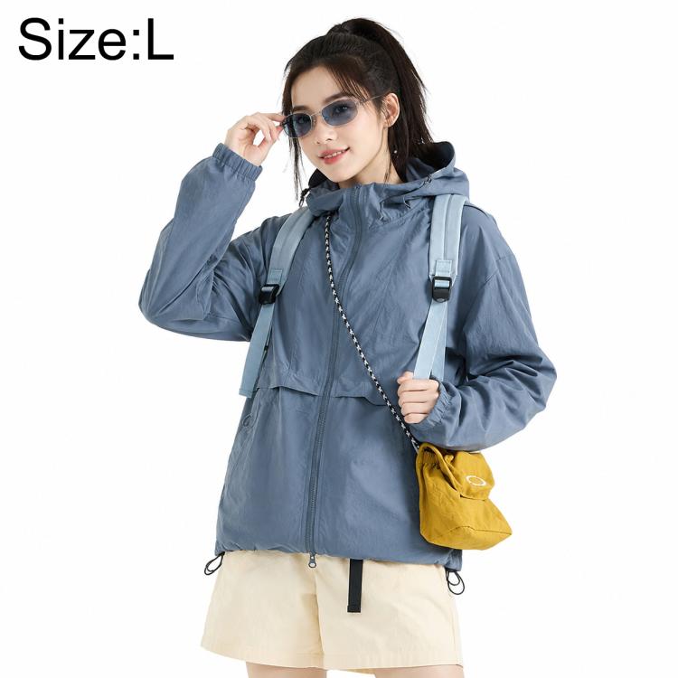 Lightweight hooded sun protection coat, blue-gray, full-zip front with utility pockets