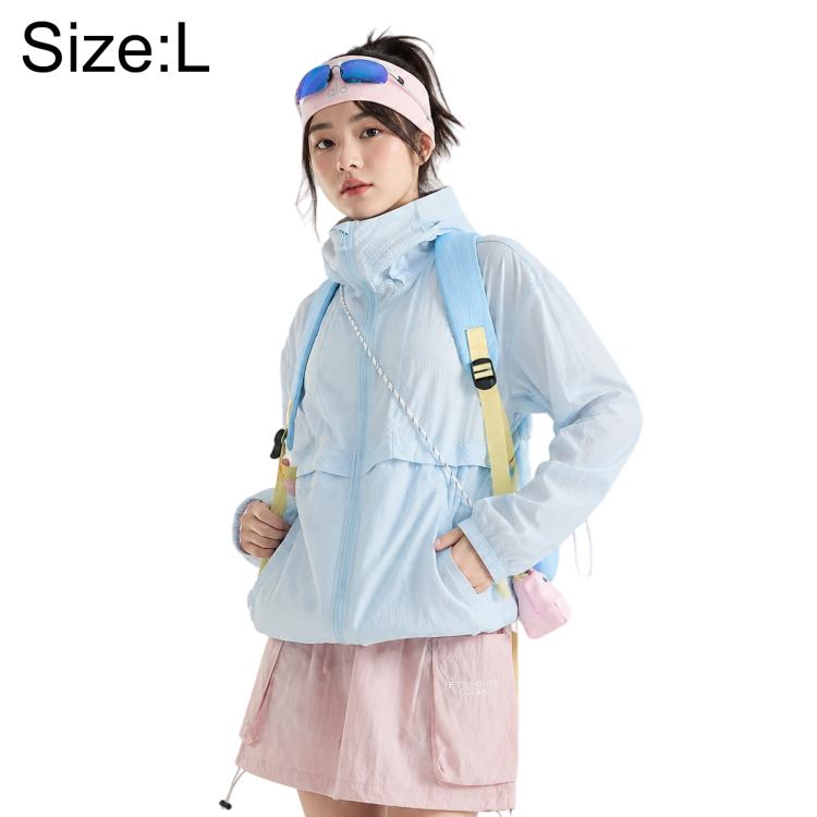 Lightweight hooded sun protection coat, light blue, front pockets and zip-up front