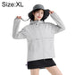 Lightweight sun protection coat with hood and full zipper, light gray