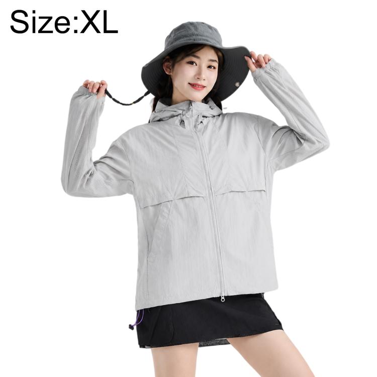 Lightweight sun protection coat with hood and full zipper, light gray