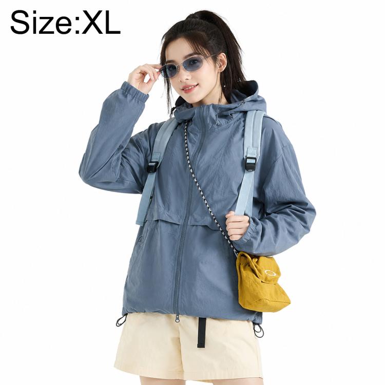 Lightweight sun protection coat with hood and full zipper, dusty blue