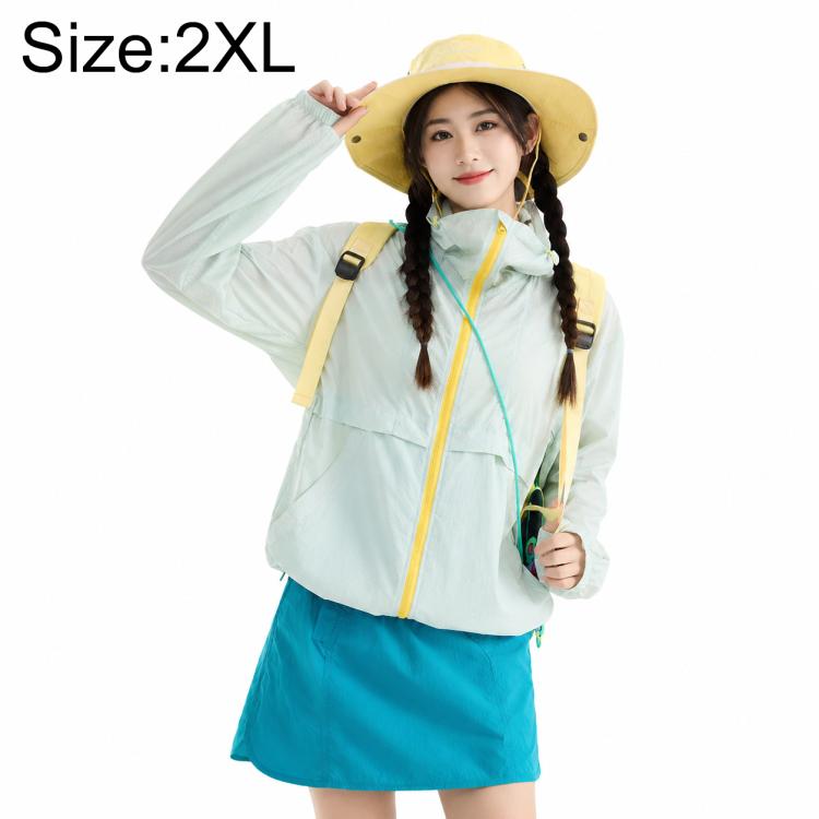 Light green hooded sun protection coat with full-zip and pocket details