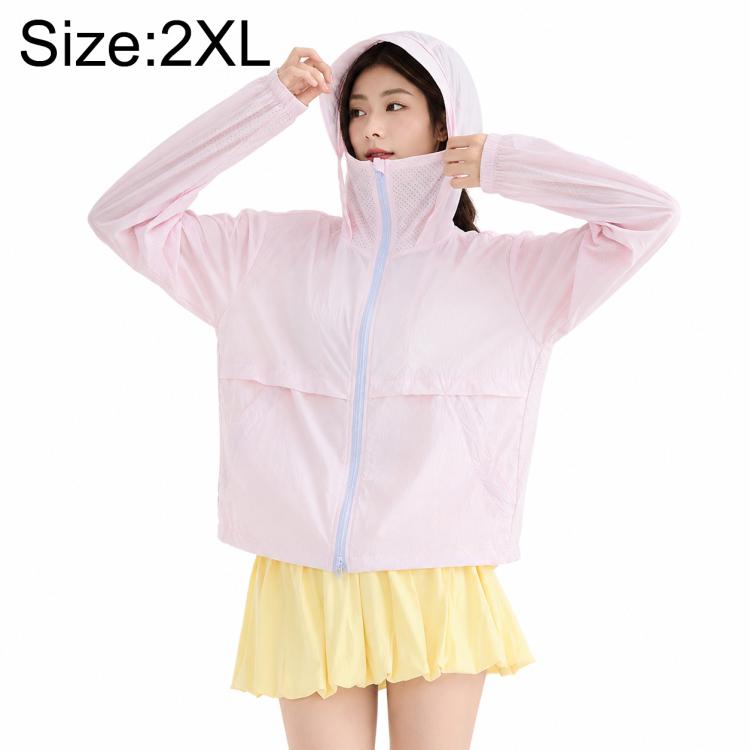 Light pink hooded sun protection coat with full-zip and pale blue zipper trim