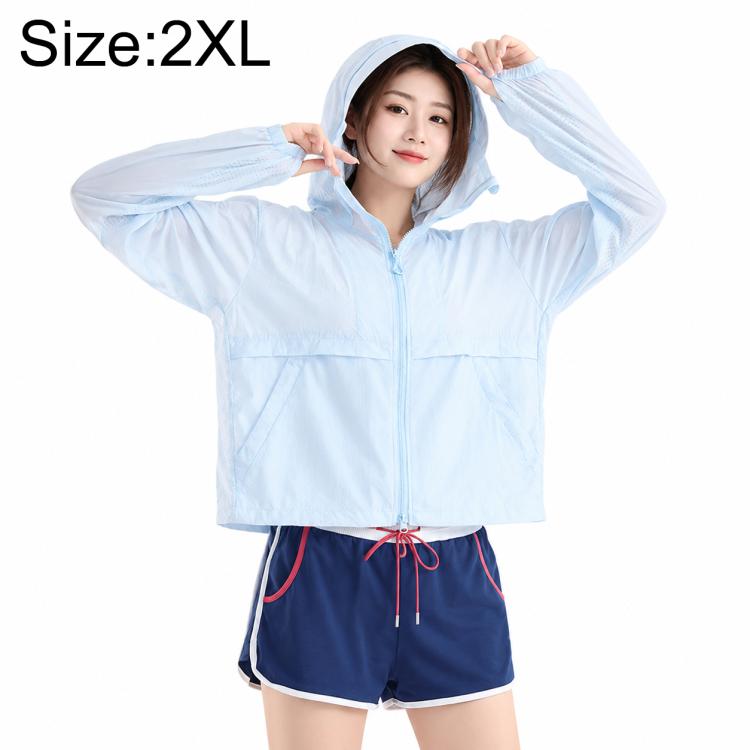 Light blue hooded sun protection coat with full-zip and relaxed fit sleeves