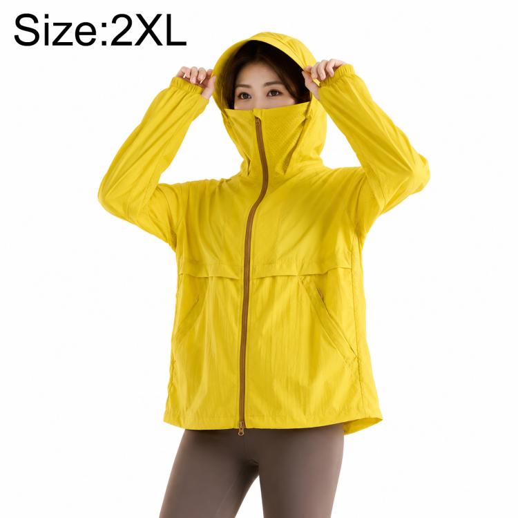 Yellow hooded sun protection coat with full-zip and face-covering style collar