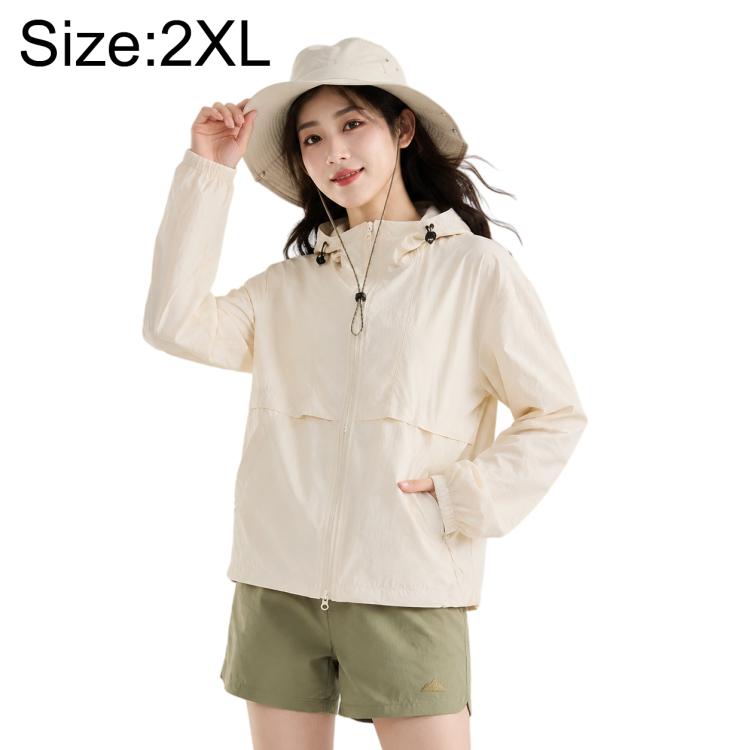 Cream hooded sun protection coat with full-zip and front flap pockets