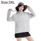 Lightweight hooded sun protection coat, light gray, full-zip front with pocket seams