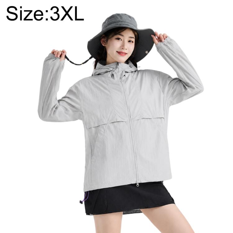 Lightweight hooded sun protection coat, light gray, full-zip front with pocket seams
