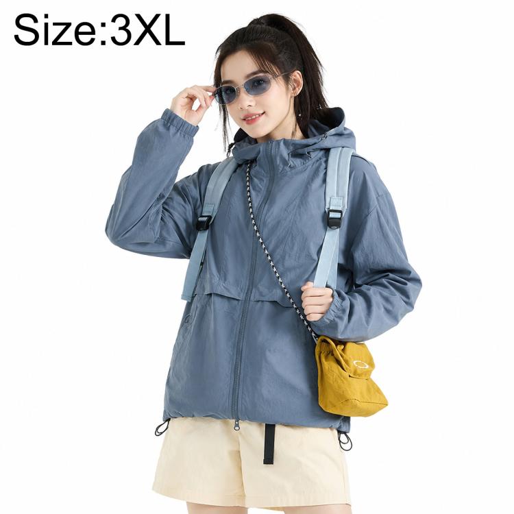 Lightweight hooded sun protection coat, slate blue, full-zip front with flap pockets