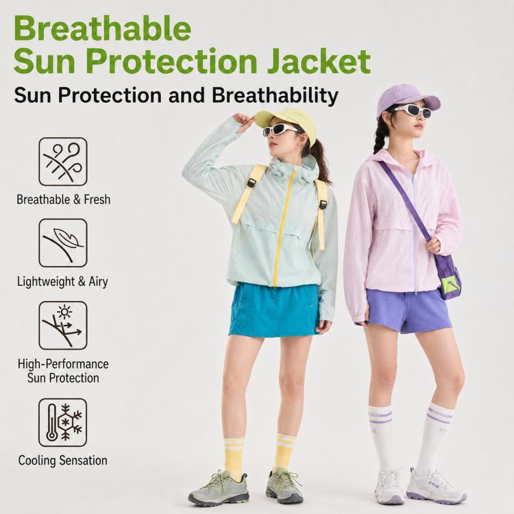 Lightweight sun protection coat, mint-blue zip front, hood, outdoor wear
