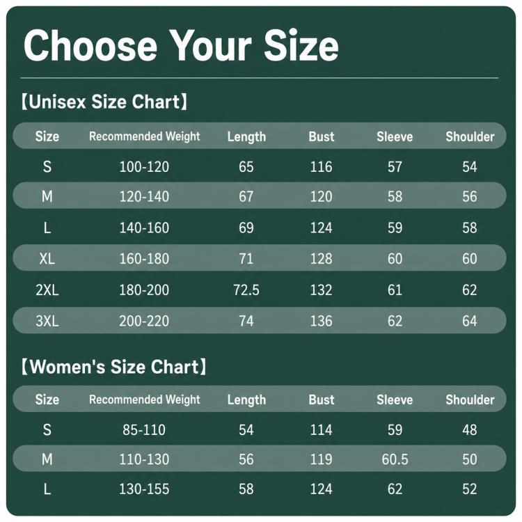 Unisex size chart for UPF50+ sun protection coat, sizes S to 3XL
