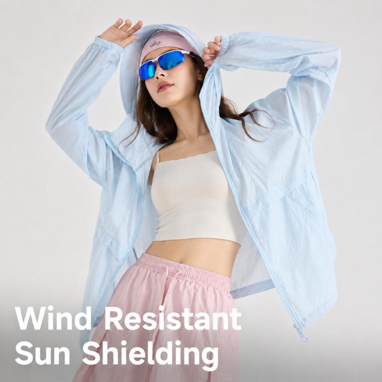 Light blue hooded sun protection coat, zip front, worn with sunglasses
