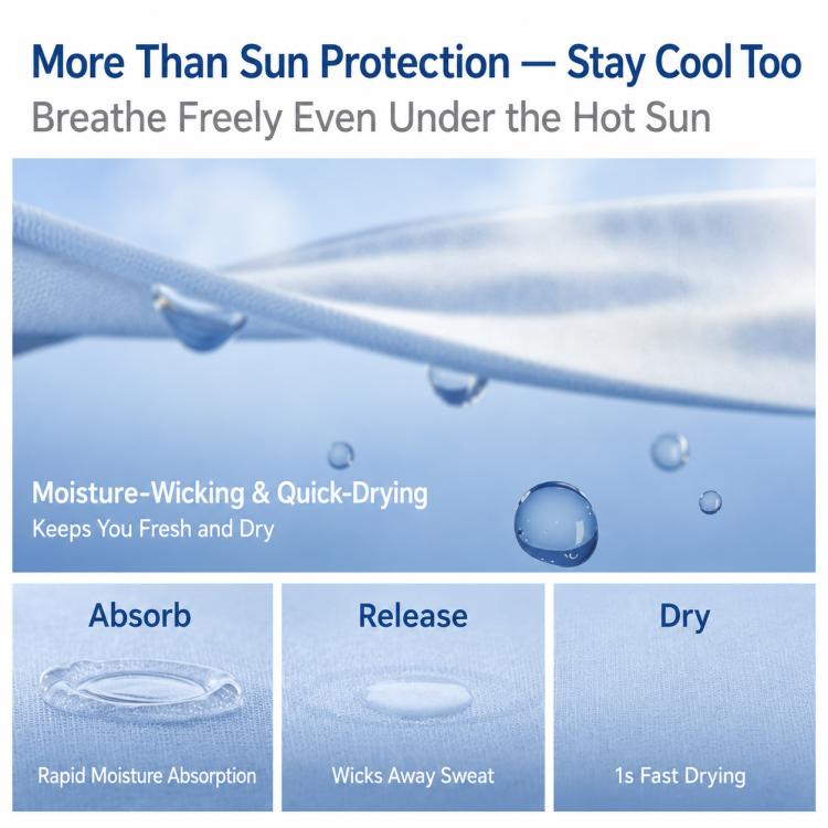 Moisture-wicking sun protection fabric with quick-dry absorb-release zones