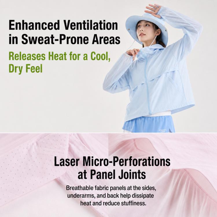 Light blue hooded sun protection coat with vented areas and micro-perforations