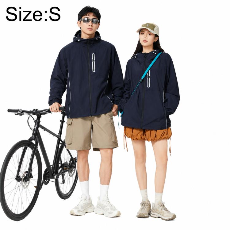 Lightweight sun protection coat in dark blue with adjustable hood and front zipper.